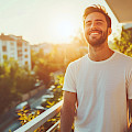 © standret | freepik.com | Ein glücklicher Mann genießt den Sonnenschein am Morgen auf seinem Balkon...